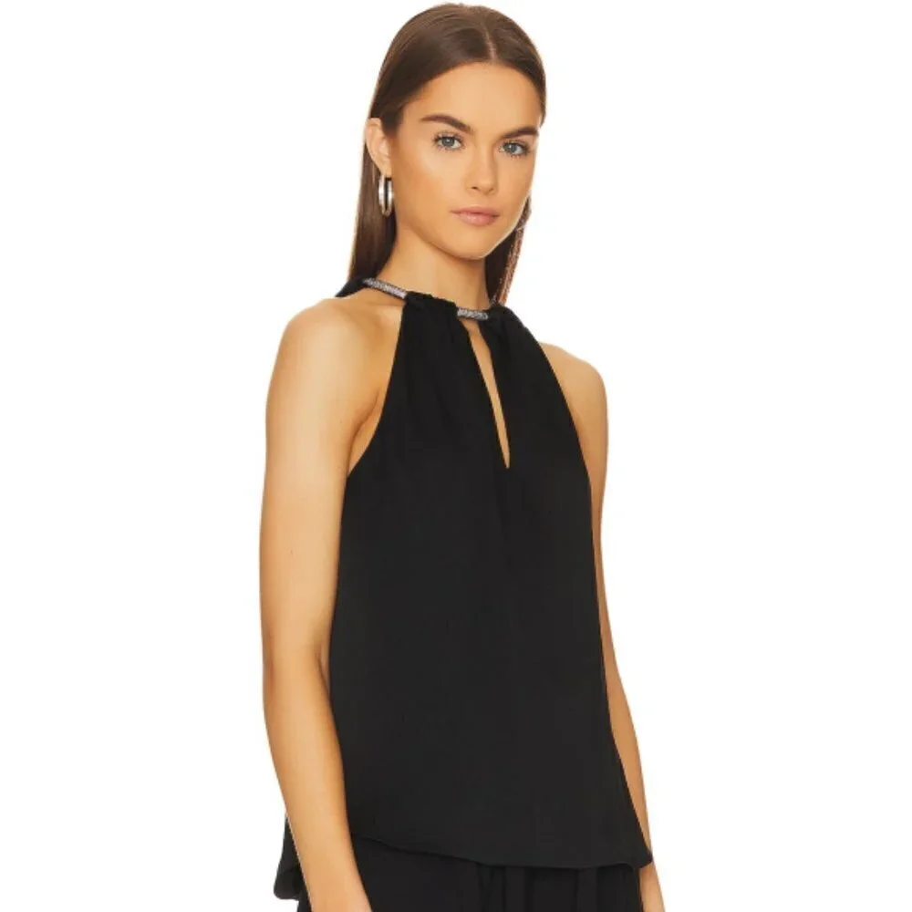 Veronica Beard 'Kusumi' Crystal-Neck Sleeveless Halter Top, Black - Picture 2 of 4